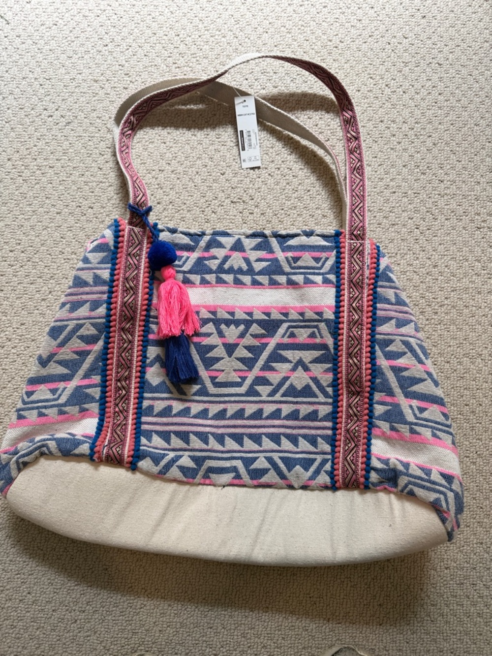 Boho Pattern Pink & Blue Tote Bag with Tassel Accent